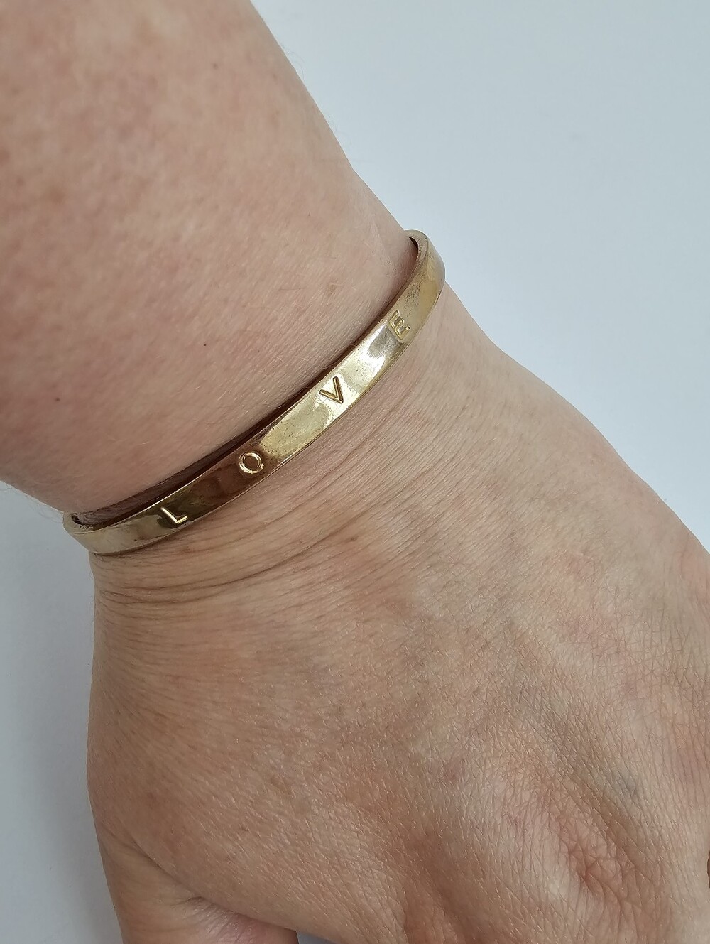 Vintage Gold Tone Love Stamped Cuff Bracelet Open Finial Ball Minimalist Message